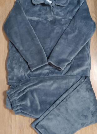 Теплая женская махровая пижама, домашний костюм, верх пуговицы, р.  2хл(50-52)  св.серая