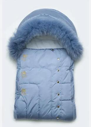 Шикарный зимний конверт, одеяло с натуральным мехом песца модный карапуз, голубой1 фото