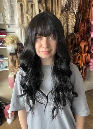 Парик волнистый чёрный , с чёлкой, косплей, крупная волна, термоволокно