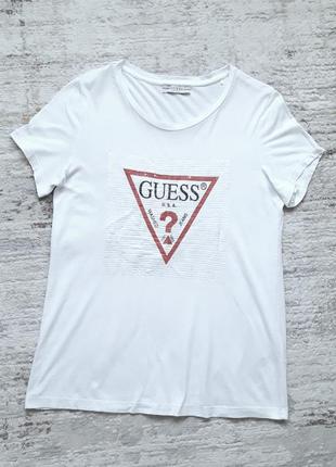 Тончайшая футболка с принтом из пайеток от guess, 46-48?, хлопок, модал