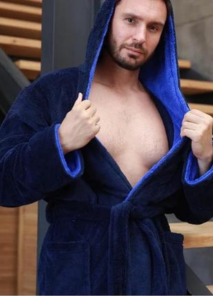 Теплый махровый мужской халат, длинный, на запах, больших размеров, батал, с капюшоном р.58,60,62 синий с элек3 фото