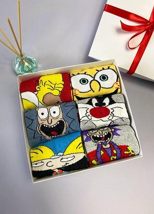 Женские носки , набор женских носков 36-41 6 пар с мультяшным рисунком в подарочной коробк...