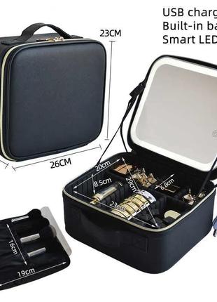 Косметичка-чемоданчик с led зеркалом кожаная 31330 (чёрная/розовая)