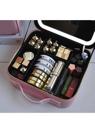 Косметичка-чемоданчик с led зеркалом кожаная 31330 (чёрная/розовая)