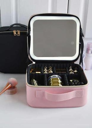 Косметичка-чемоданчик с led зеркалом кожаная 31330 (чёрная/розовая)