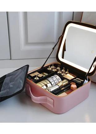 Косметичка-чемоданчик с led зеркалом кожаная 31330 (чёрная/розовая)