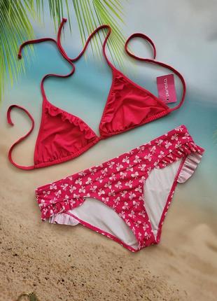 Чашка dd, купальник розовый, лиф шторка. принт бантики
