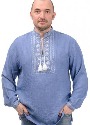 Чоловіча сорочка вишиванка орнамент, довгий рукав, льон-габардин р.50,52,54,56,58 сірий1 фото
