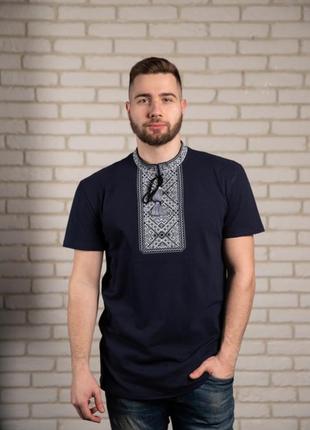 Чоловіча футболка-вишиванка "традиція", тканина трикотаж, р. s.m.2xl.3xl синя із сірим