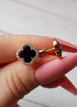 🇺🇦 пусеты серебро 925° покрытие позолота, вставка куб.цирконии и оникс, гвоздики серьги вкрутки,конюшный кливер ванклиф 1363.20п