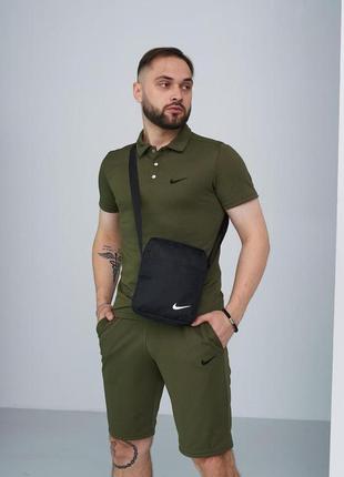 Комплект nike поло хаки+шорты nike хаки+барсетка черная nike