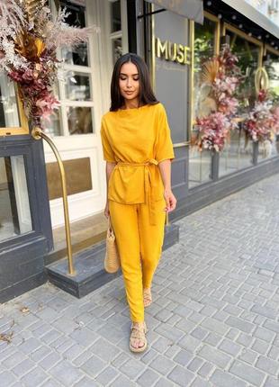 Женский летний костюм повседневный кофта с коротким рукавом удлиненная спинка зауженные брюки