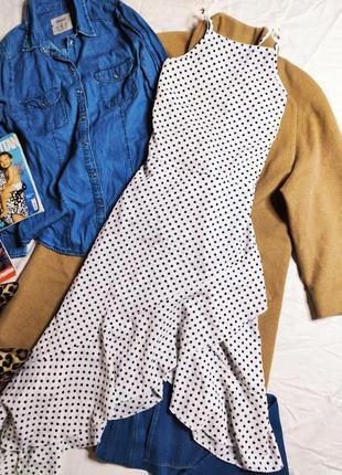 Boohoo плаття біле в чорний горох міді спідниця асиметрія нове з воланами оверсайз