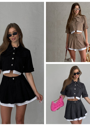 Костюм женский двойка (юбка-шорты+пиджак) из вельвета 42-48 черный, бежевый, графит...