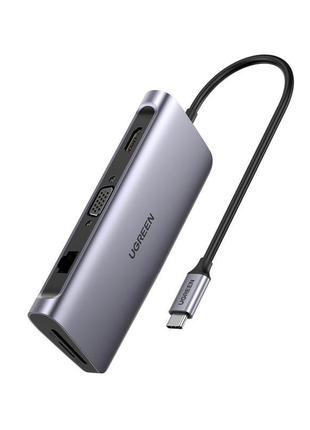 Концентратор usb type-c ugreen cm179 3xusb 3.0 + hdmi + vga + rj45 1000m ethernet + cardreader, gray (40873)