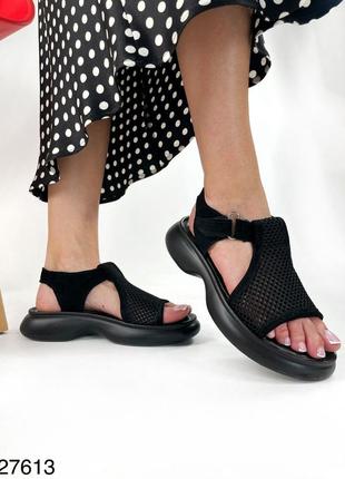 Чорні жіночі босоніжки з сіткою з натуральної шкіри шкіряні босоніжки з наскрізною перфорацією