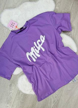 Женская качественная фиолетовая футболка с надписью милфа milfa в стиле мелкая milka