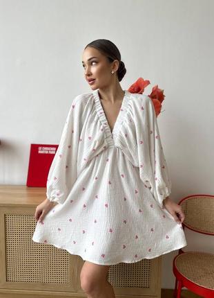 Муслінова сукня з принтом "сердечко" , сукня міні 100% бавовна, сукня жіноча літня із натуральної тканини/ 42-46 / мод 4353 фото