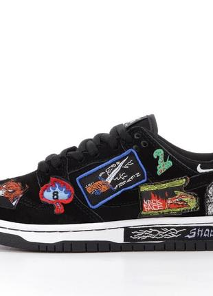 Nike sb dunk low pro qs neckface повседневные кроссовки унисекс найк данк черные з нашивками