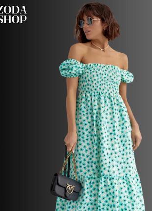 Плаття в дрібні квіти з відкритими плечима, колір: бірюзовий m l
