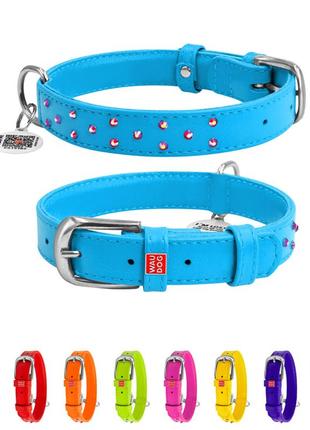 Ошейник для собак кожаный waudog glamour с qr паспортом, с клеевыми стразами, ш 25 мм, дл 38-49 см голубой
