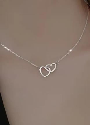 Ланцюжок з підвіскою подвійне серце сріблястий прикраса на шию біжутерія2 фото