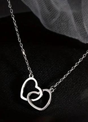 Ланцюжок з підвіскою подвійне серце сріблястий прикраса на шию біжутерія1 фото