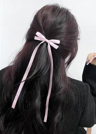 Заколка бант тонкий розовый атласный лента на волосы бантик