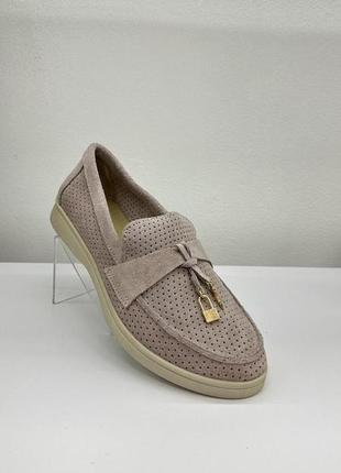 Женские лоферы loro piana, замшевые туфли лоро пиана мокасины беж замша перфорация