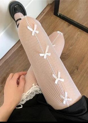 Колготки белые с бантиками сетка лолита косплей