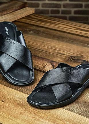 Мужские кожаные шлёпанцы (натуральная кожа) чёрные, тапочки, сланцы из кожи на лето для мужчин, размеры 40-45