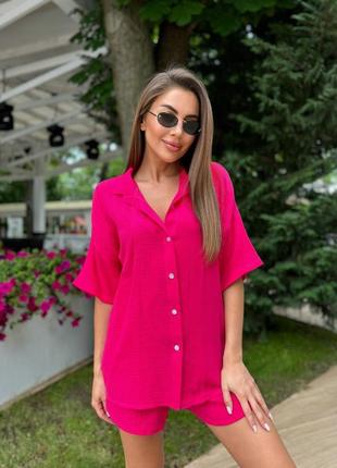 Костюм жіночий (шорти+сорочка)  муслін s-xl чорний, лаванда, малина (рожевий), бежевий, блакитний