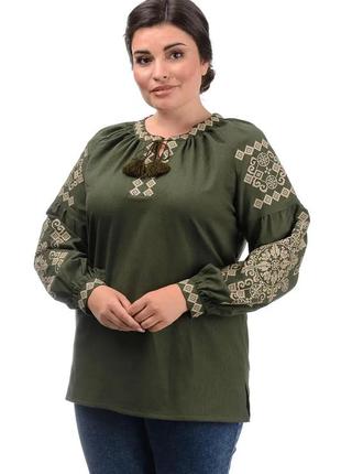 Женская нарядная льняная блузка - вышиванка "ивана-купала", р. s,м,l,xl,2xl,3xl хаки3 фото