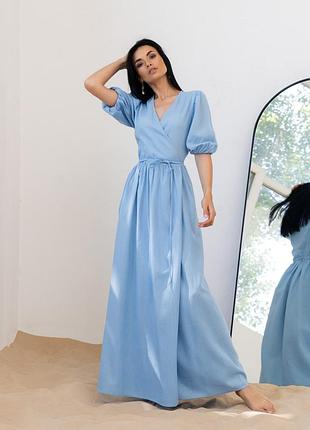 Плаття жіноче довге, літнє, лляне, із заходом, з коротким рукавом, однотонне, блакитне
