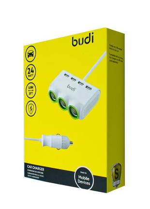 Cc650w - car charger budi 4 usb + 3 car sockets 24w 0.9m white