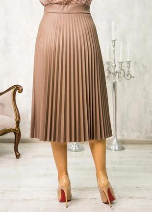 Женская юбка плиссе из эко-кожи "алана", талия на резинке, р. 44,46,48,50,52,54,56 мокко3 фото