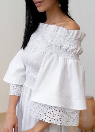 Платье женское короткое, из прошвы, летнее, легкое, на завязках, однотонное, белое