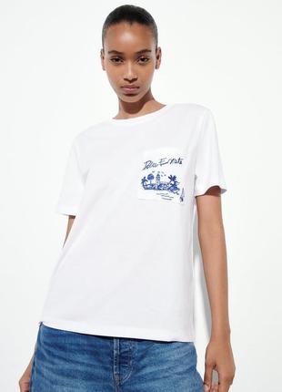 Zara белая футболка с вышивкой на кармане
