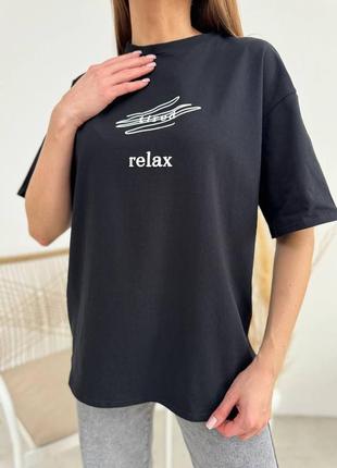 100% бавовна 🤍 футболка женская в стиле оверсайз с принтом "relax" / 42-46 / мод 1044 фото