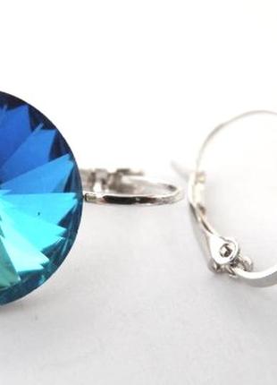 Сережки з кристалами риволі preciosa 16мм bermuda blue гальваніка- срібло родієве .
