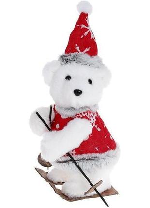 Новорічна іграшка "ведмедик на лижах" 26см daymart    хутряна, білий