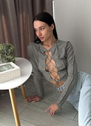 Топ пэчворк с длинным рукавом на шнуровке xs-l молочный, черный, электрик (синий), бежевый