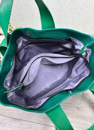 Женская стильная и качественная сумка шоппер из эко кожи зеленая5 фото