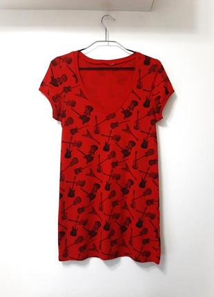 H&m сукня червона, малюнок гітари чорні літня трикотажна короткі рукави 44 ​​46