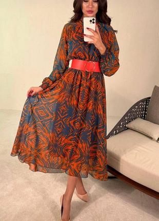 Накладний платіж ❤ турецька сукня шифонова міді в принт з ремінцем