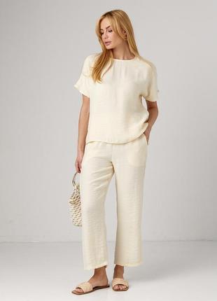 Летний костюм с брюками и футболкой - кремовый цвет, m (есть размеры)