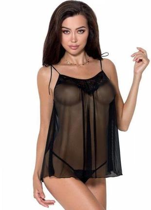 Сорочка прозора бебі долл melania chemise black s/m - passion, трусики, на тонких бретелях feromon