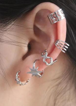 Серьги кафф клипса женские красивая бижутерия "cuff xf5" серебристые