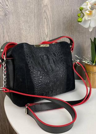 Женская замшевая сумочка на плечо под рептилию с красными вставками, сумка замша(ps)