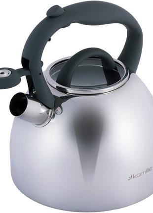 Чайник kamille whistling kettle 2.7л з нержавіючої сталі зі свистком і скляною кришкою (сіра ручка)2 фото